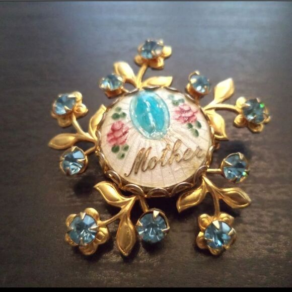 VINTAGE GUILLOCHE MOTHER RELIGIOUS RHINESTONE FLOWER 1.5" BROOCH EUC - Picture 2 of 3